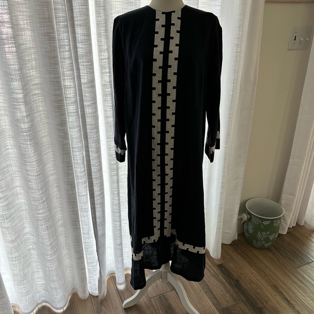 Elegant Navy and White linen Women's Dress